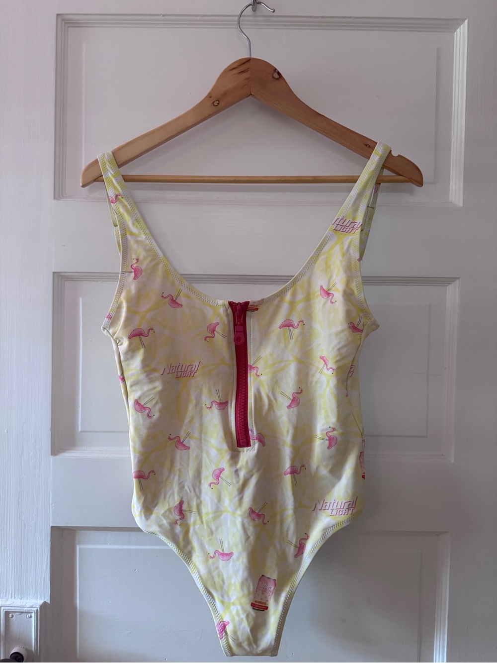 Natural Light Yellow Flamingo One-Piece Swimsuit with Pink Zip